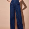 Women Lyush | Women'S Navy High Waist Flap Pocket Straight Jeans - Lyush