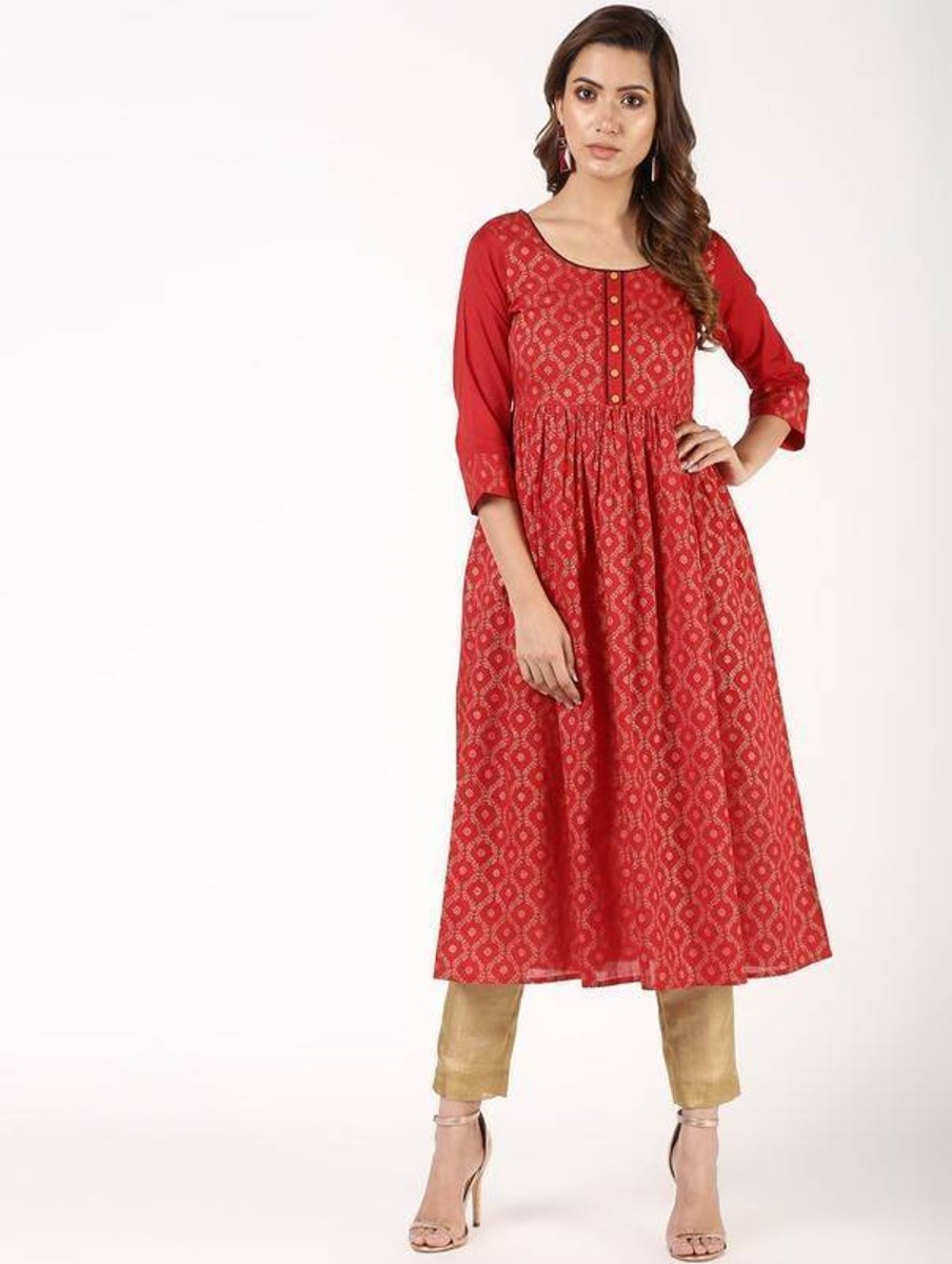 Women Aniyah | Women'S Block Print Fla Kurta - Aniyah Red