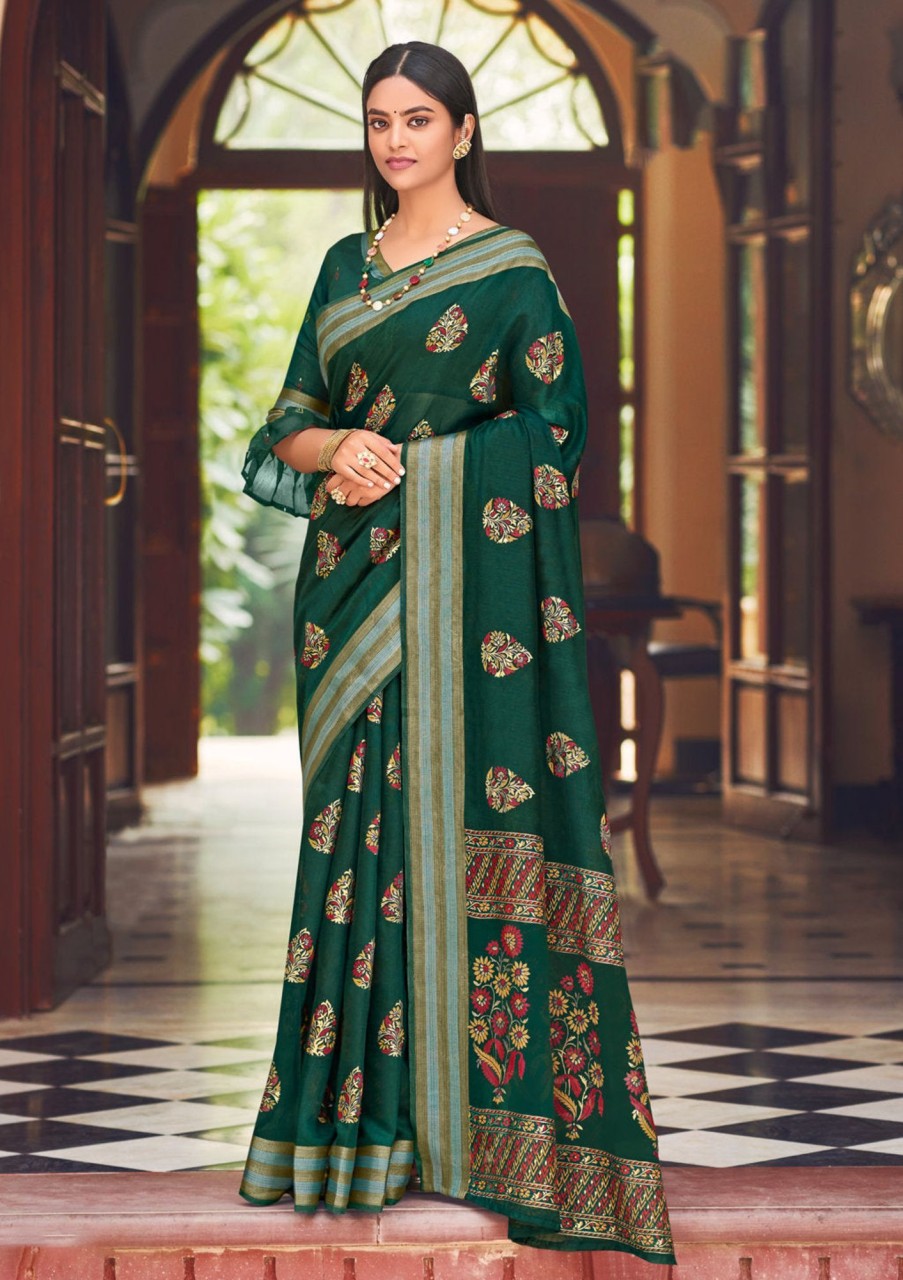 Women Sangam Prints | Women'S Dark Green Chanderi Wover Work Traditional Saree - Sangam Prints