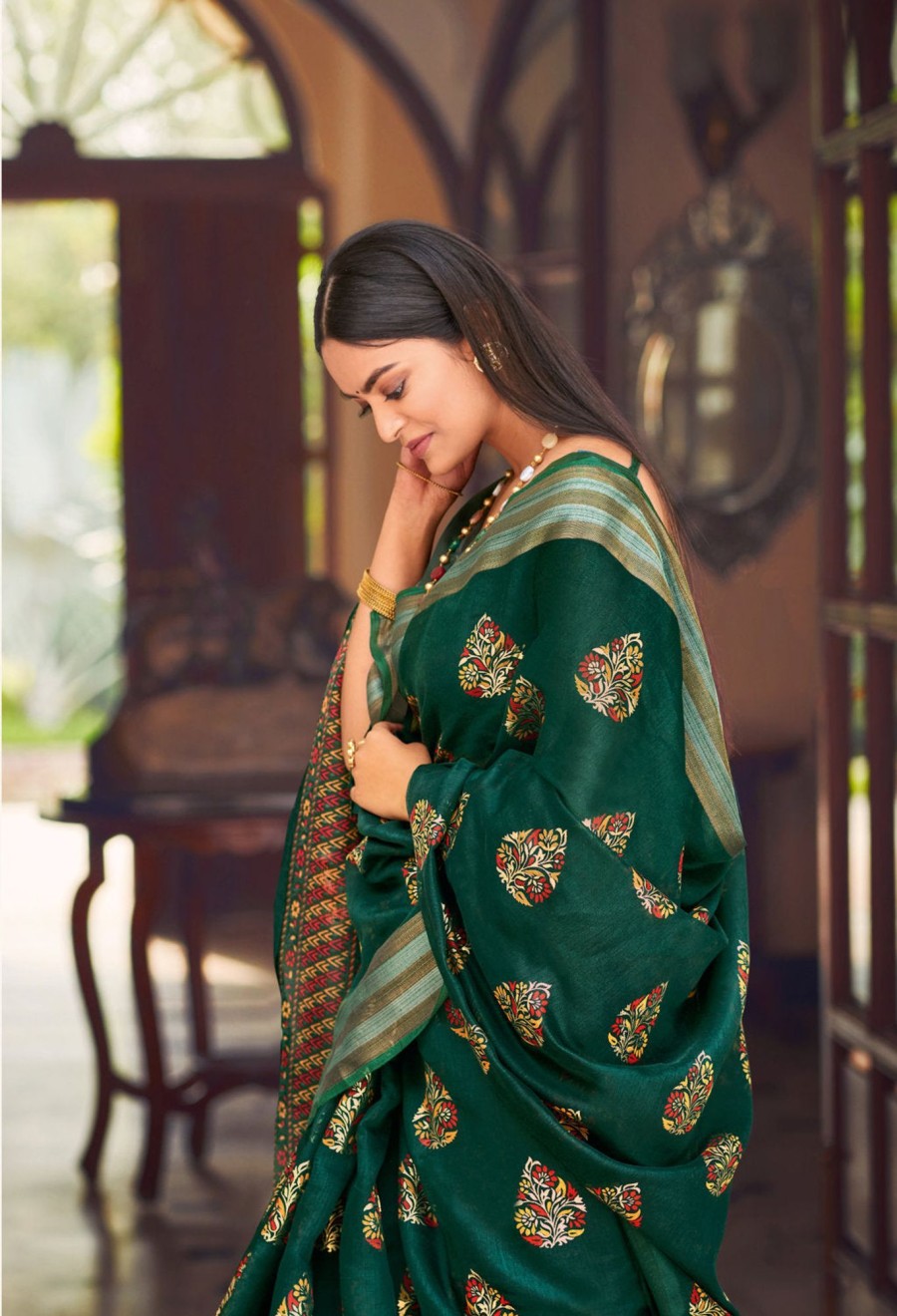 Women Sangam Prints | Women'S Dark Green Chanderi Wover Work Traditional Saree - Sangam Prints