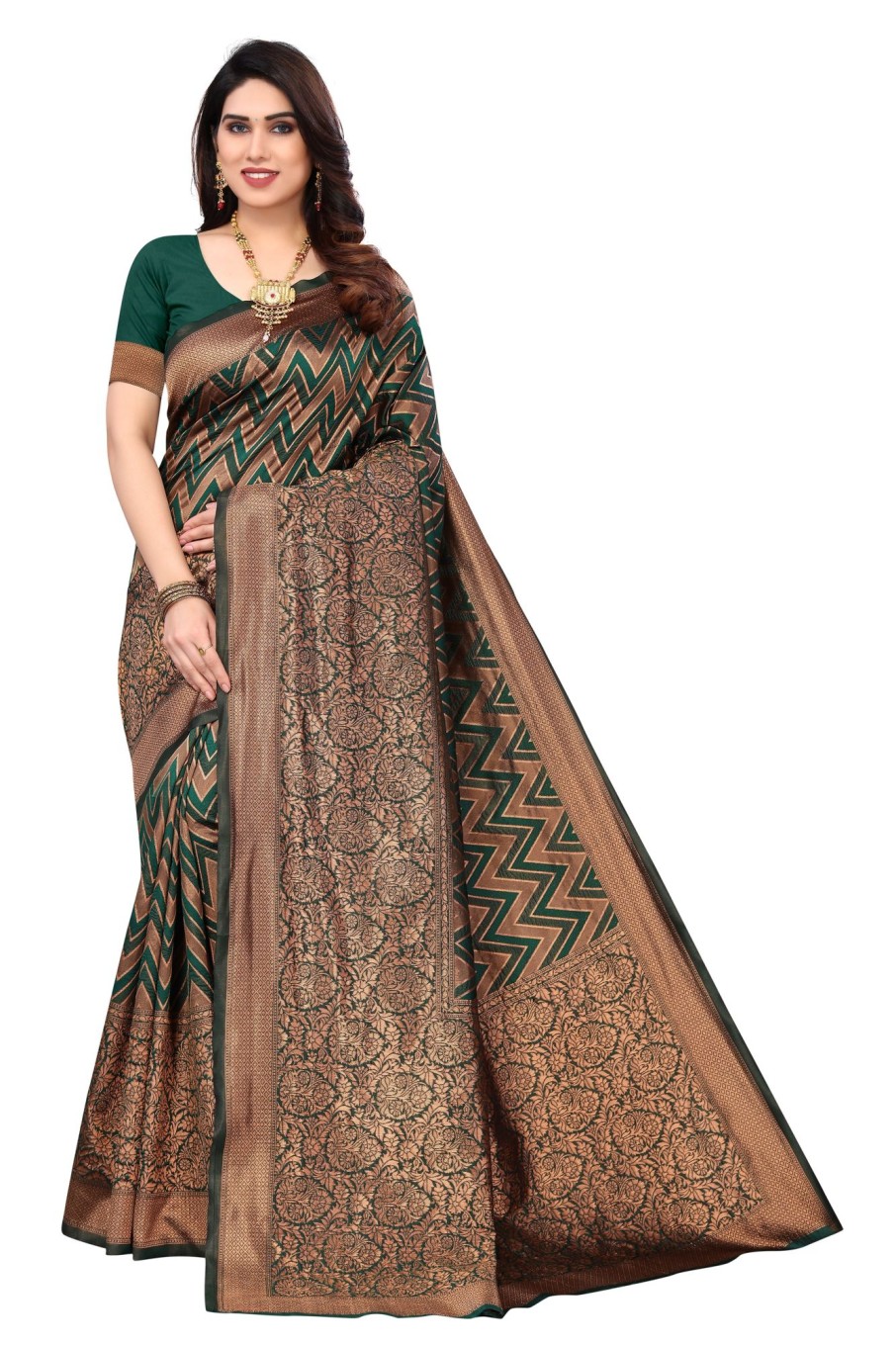 Women Varanga | Women'S Dark ::Gold Color Banarasi Silk Saree With Blouse - Varanga Green