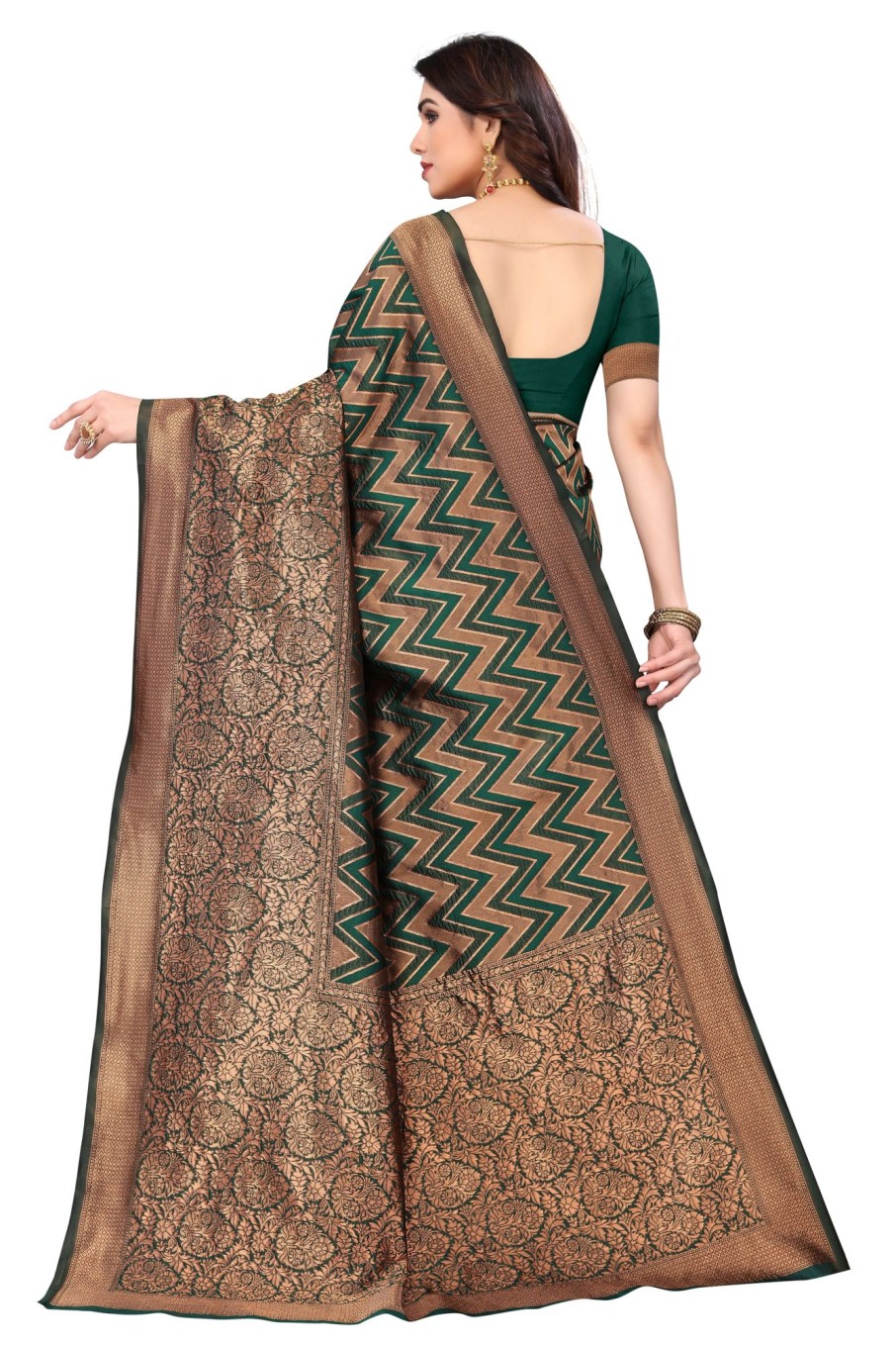 Women Varanga | Women'S Dark ::Gold Color Banarasi Silk Saree With Blouse - Varanga Green