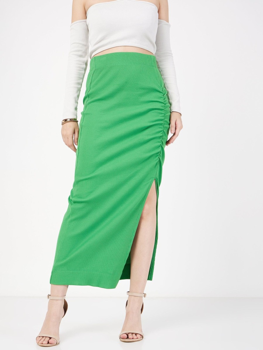 Women Lyush | Women'S Green Rib Front Ruched Midi Skirt - Lyush