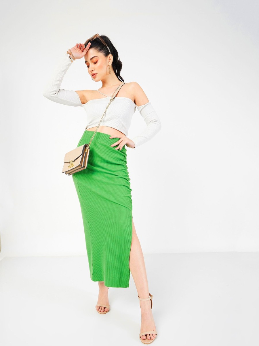 Women Lyush | Women'S Green Rib Front Ruched Midi Skirt - Lyush