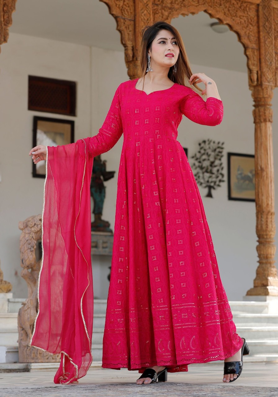 Women Geeta Fashion | Women'S Rani Sequence Anarkali Set - Geeta Fashion Pink