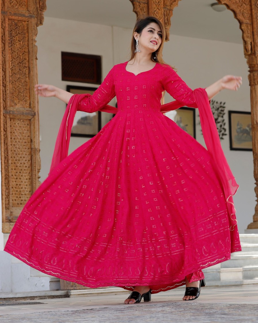 Women Geeta Fashion | Women'S Rani Sequence Anarkali Set - Geeta Fashion Pink