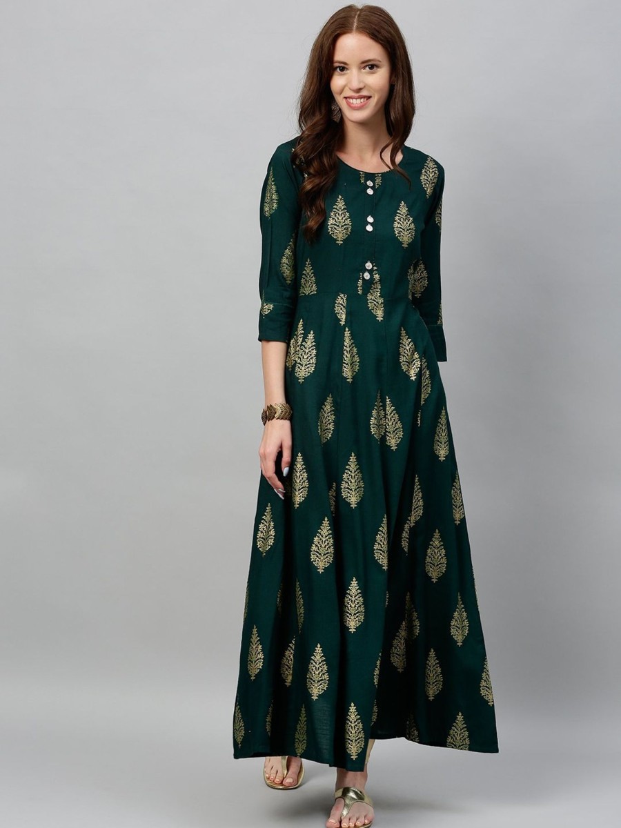 Women Kipek | Women'S Rayon Anarkali Kurta By Kipek (1Pc) Dark Green