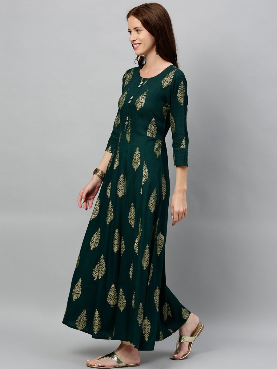 Women Kipek | Women'S Rayon Anarkali Kurta By Kipek (1Pc) Dark Green