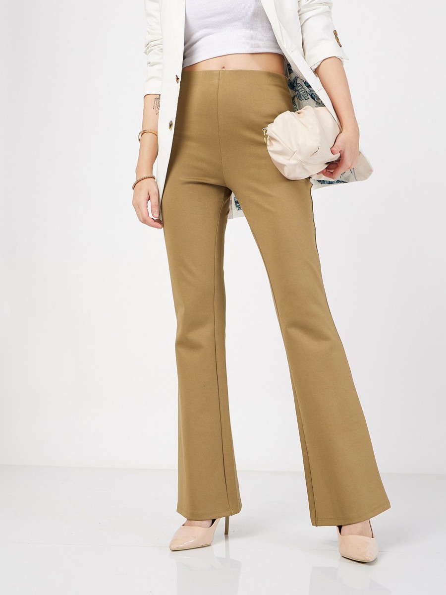 Women Lyush | Women'S Beige Bell Bottom 4-Way Stretch Pants - Lyush