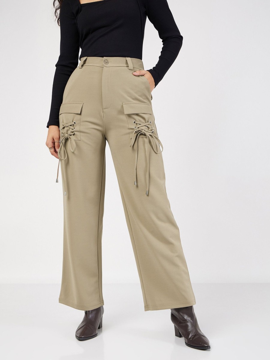 Women Lyush | Women'S Beige Cris Cross Pocket Detail Cargo Pants - Lyush