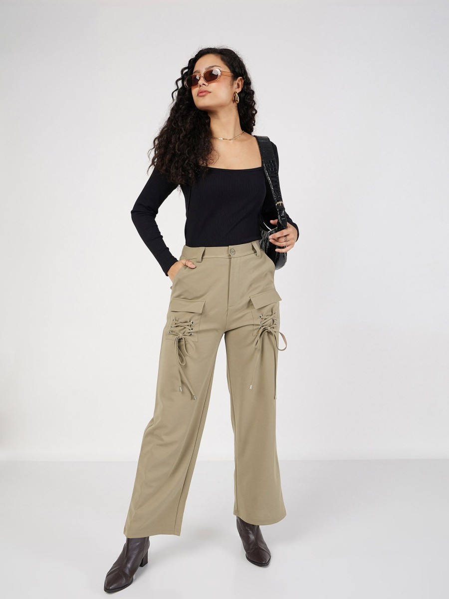 Women Lyush | Women'S Beige Cris Cross Pocket Detail Cargo Pants - Lyush