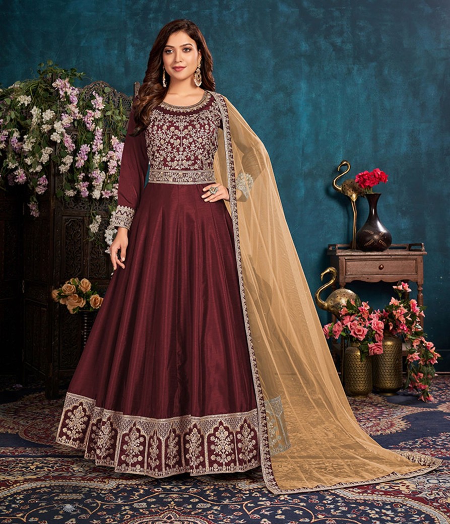 Women Monjolika | Women'S Burgundy Wedding Floor Length Designer Suit - Monjolika