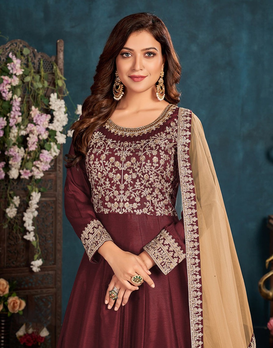 Women Monjolika | Women'S Burgundy Wedding Floor Length Designer Suit - Monjolika