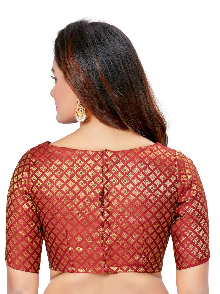 Women Madhu Fashion | Women'S Brocade Elbow Length Sleeves Readymade Saree Blouse - Madhu Fashion Maroon