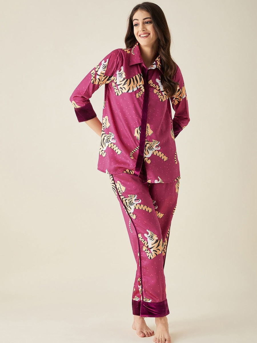 Women The Kaftan Company | Tiger Wine Satin Pyjama Set - The Kaftan Company Red