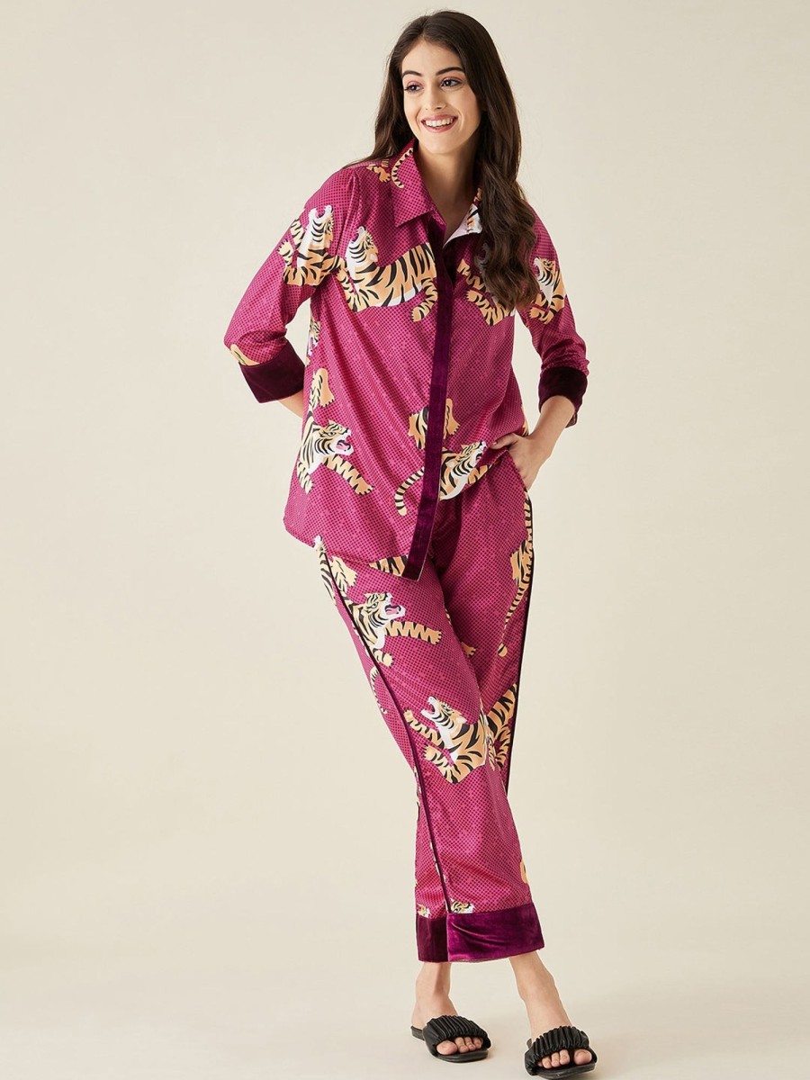 Women The Kaftan Company | Tiger Wine Satin Pyjama Set - The Kaftan Company Red