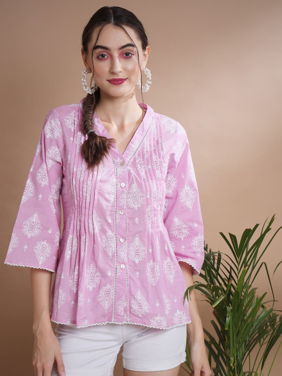 Women Myshka | Women'S Printed V-Neck Top - Myshka Pink