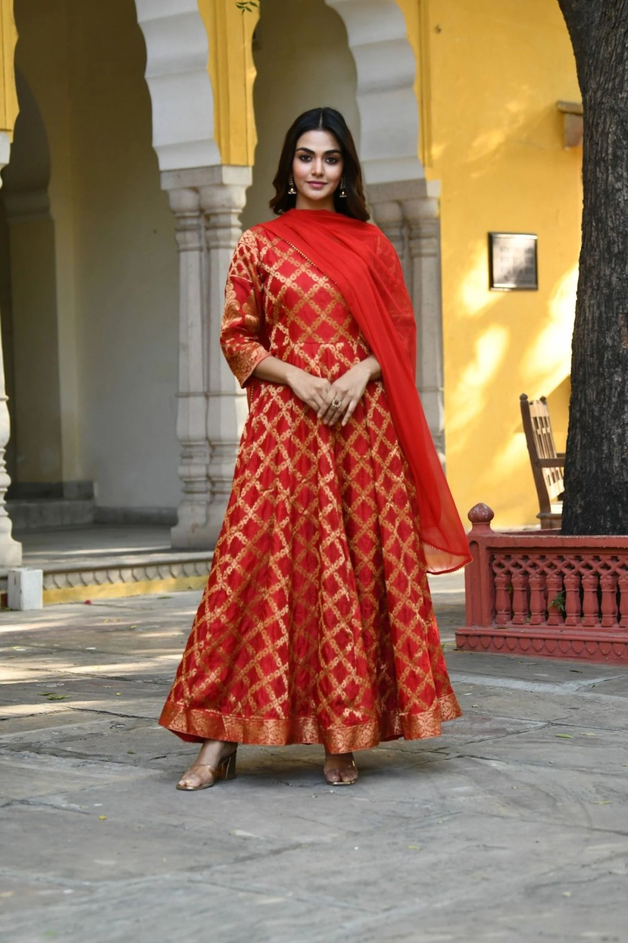 Women SARAS THE LABEL | Women'S Anarkali Red Gown With Dupatta - (2Pcs) - Saras The Label