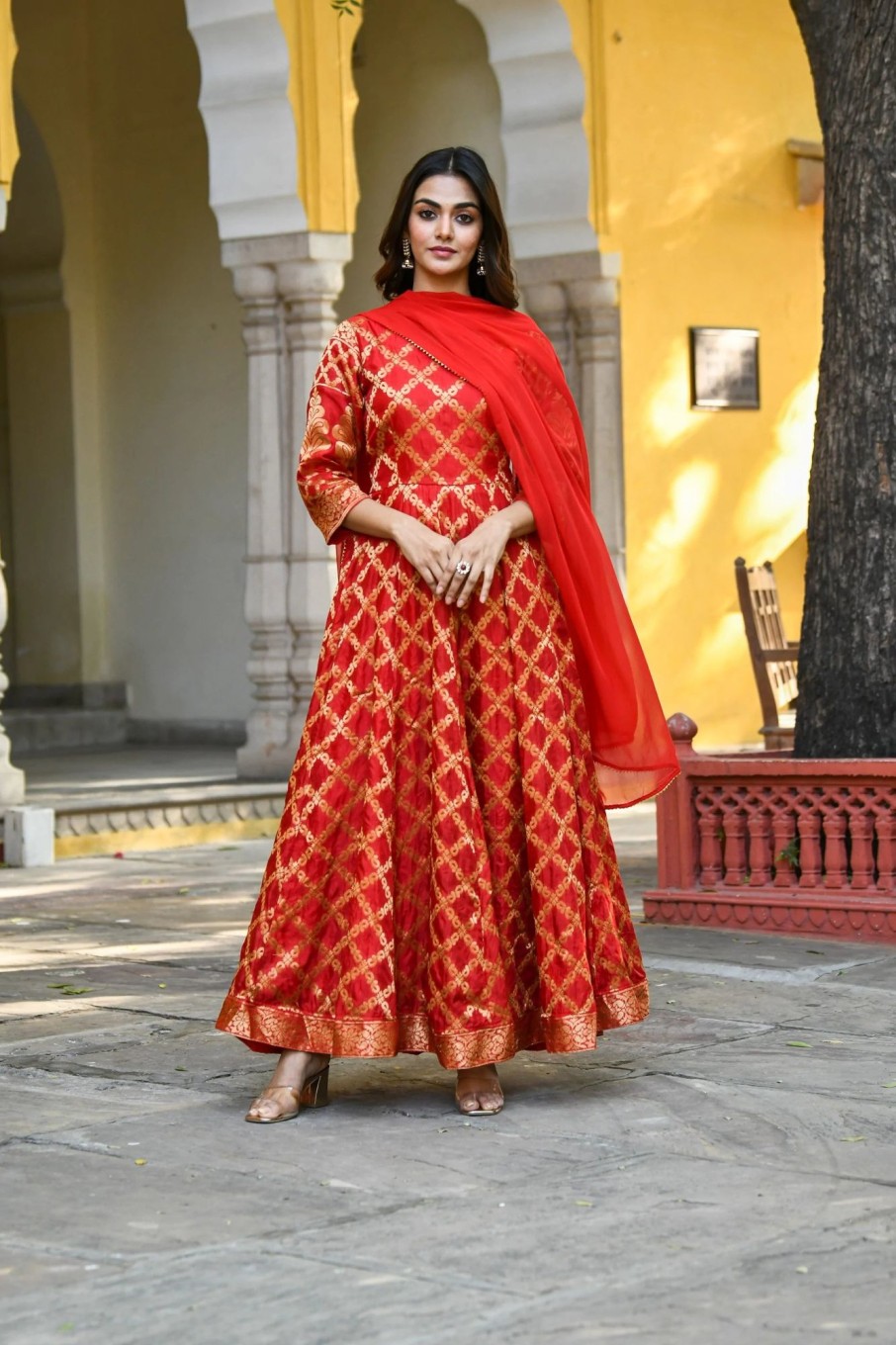 Women SARAS THE LABEL | Women'S Anarkali Red Gown With Dupatta - (2Pcs) - Saras The Label