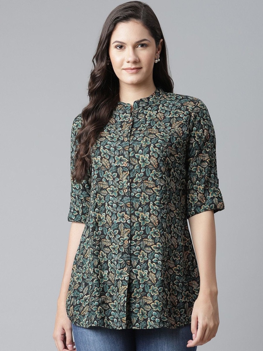 Women Wahe-NOOR | Women'S Navy Blue Green Rayon Printed Top - Wahenoor