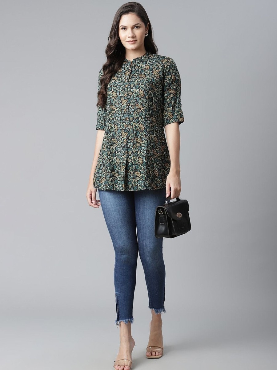 Women Wahe-NOOR | Women'S Navy Blue Green Rayon Printed Top - Wahenoor