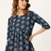 Women SASSAFRAS | Women'S Navy Lotus Print Peplum Top - Sassafras