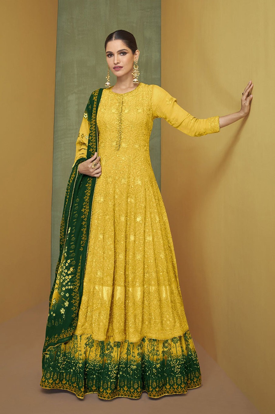 Women Monjolika | Women'S Faux Georgette Semi Stitched Embroidered Designer Suit - Monjolika Yellow