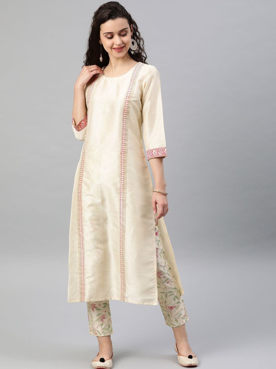 Women Ziyaa | Women'S Cream Foil Print Polysilk Kurta By Ziyaa- (1Pc Set)