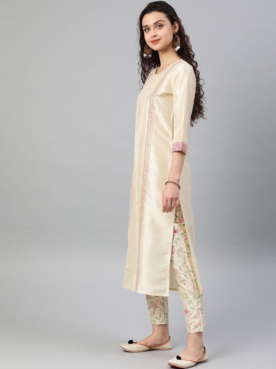 Women Ziyaa | Women'S Cream Foil Print Polysilk Kurta By Ziyaa- (1Pc Set)