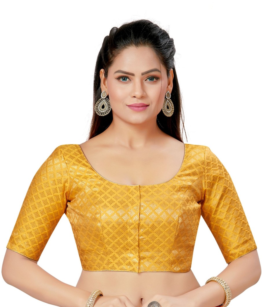 Women Madhu Fashion | Women'S Polyester Brocade Readymade Saree Blouse With Elbow Length Sleeves - Madhu Fashion Yellow