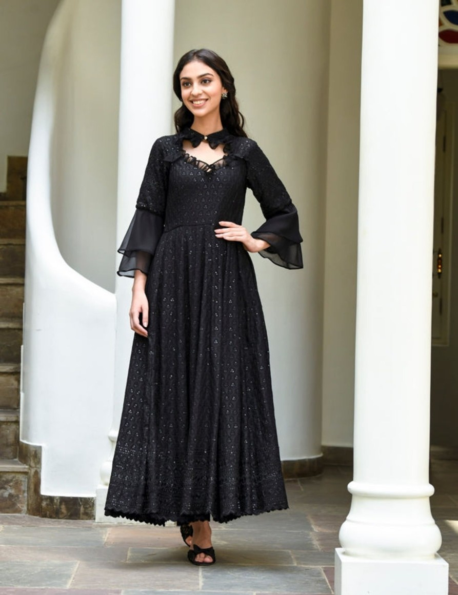 Women SARAS THE LABEL | Women'S Lucknowi Chikenkari Black Embroidered Gown (1Pc) - Saras The Label