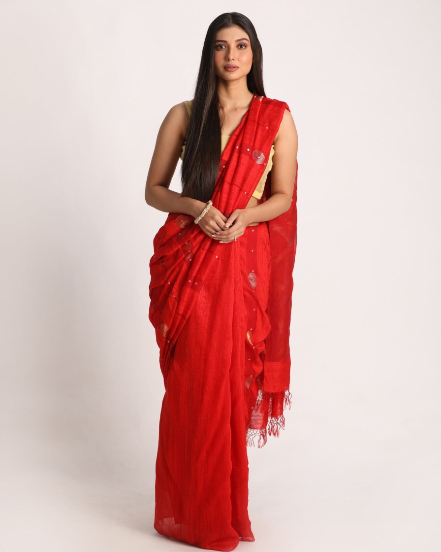 Women Angoshobha | Women'S Red Matka Silk Handloom Traditional Sequin Jamdani Saree - Angoshobha