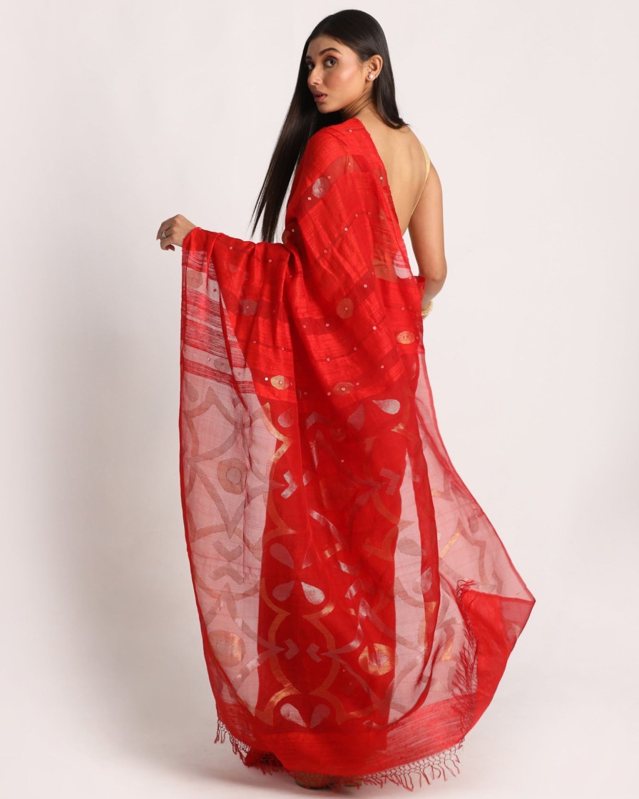 Women Angoshobha | Women'S Red Matka Silk Handloom Traditional Sequin Jamdani Saree - Angoshobha