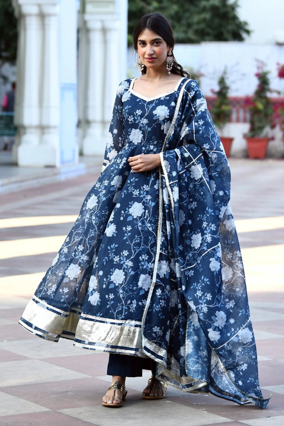 Women SARAS THE LABEL | Women'S Navy Blue Floral Anarkali Suit - Saras The Label -3Pc Set