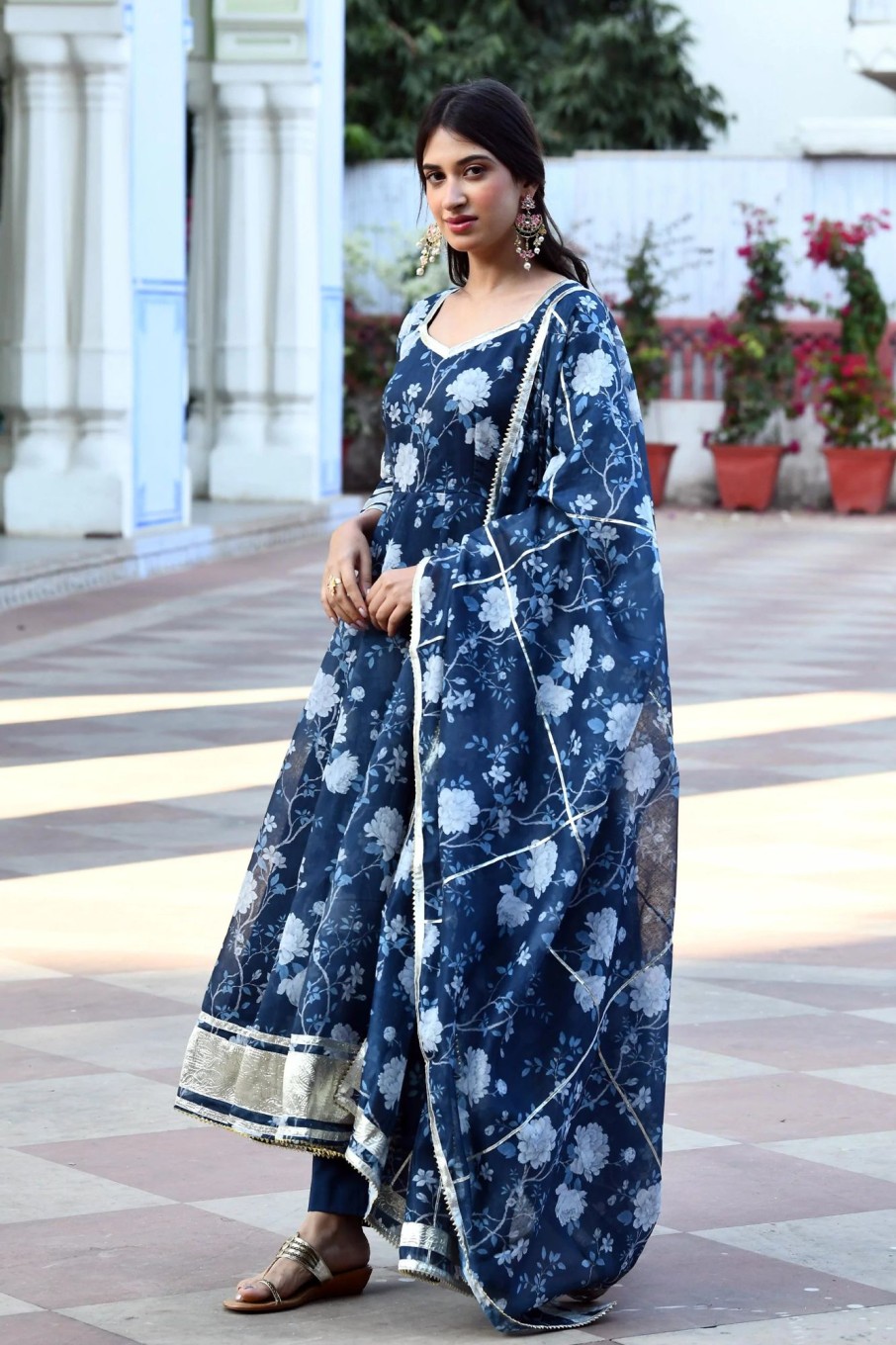 Women SARAS THE LABEL | Women'S Navy Blue Floral Anarkali Suit - Saras The Label -3Pc Set