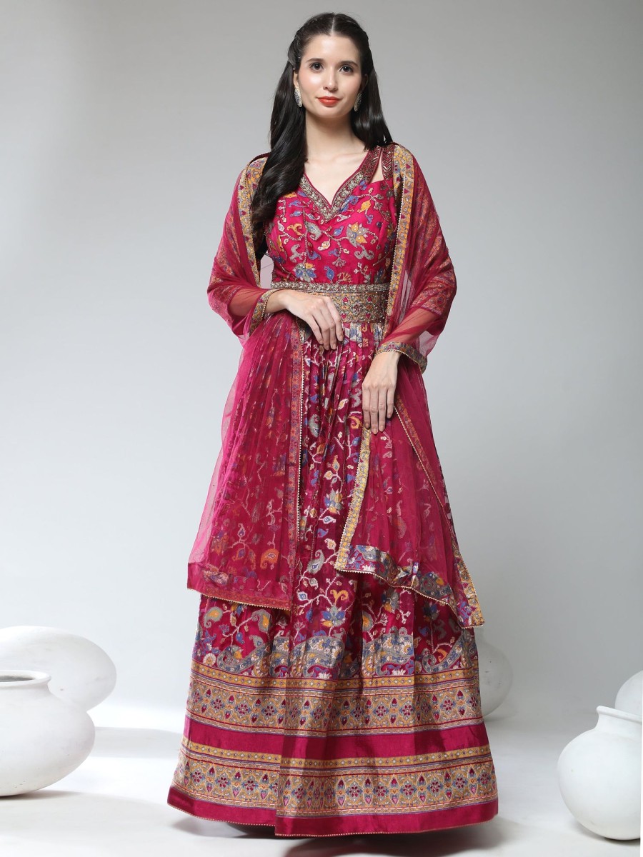 Women Phenav | Women'S Ethnic Motifs Printed Embellished Ethnic Gown With Dupatta - Phenav Pink