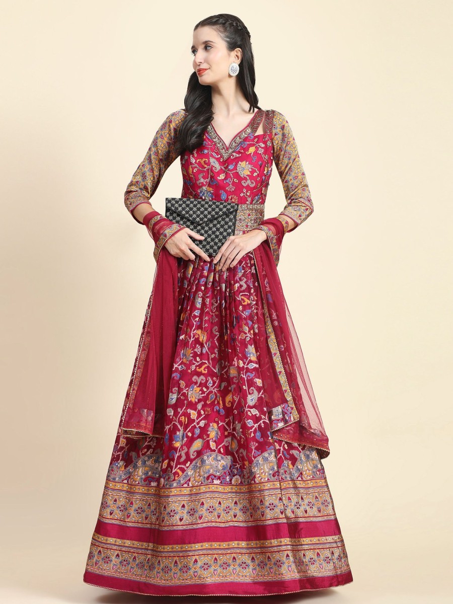 Women Phenav | Women'S Ethnic Motifs Printed Embellished Ethnic Gown With Dupatta - Phenav Pink