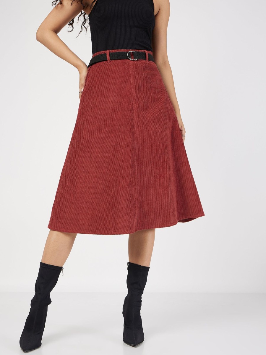 Women Lyush | Women'S Rust Corduroy A-Line Midi Skirt - Lyush