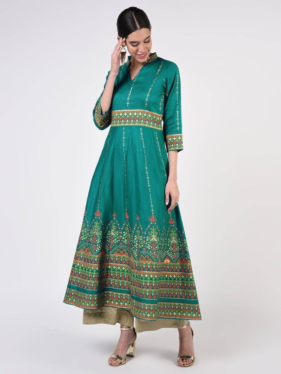 Women CHEERA | Women'S Turquoise Cotton Hand Block Print Ghagra Style Anarkali Kurta Only - Cheera Blue