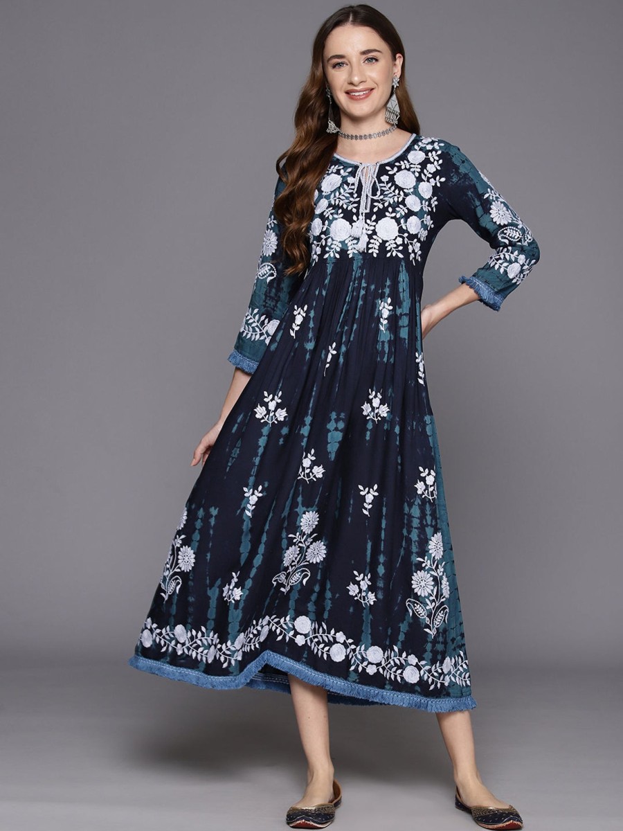 Women Indo Era | Women'S Embroidered A-Line Ethnic Dress - Indo Era Blue