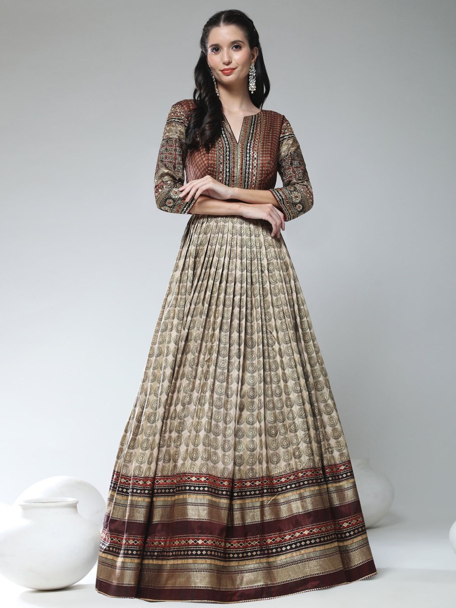 Women Phenav | Women'S Ethnic Motifs Printed Embellished Ethnic Gown - Phenav Brown