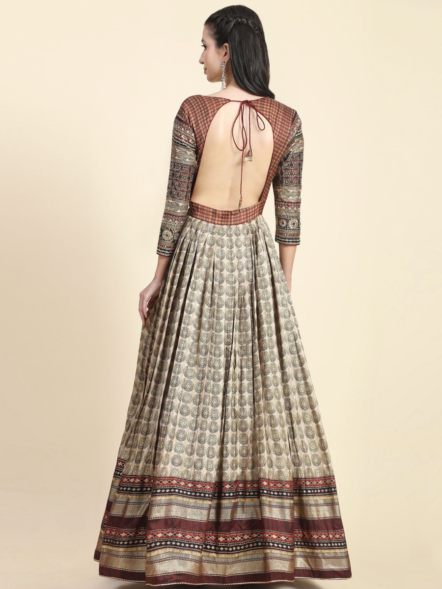 Women Phenav | Women'S Ethnic Motifs Printed Embellished Ethnic Gown - Phenav Brown