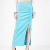 Women Lyush | Women'S Turquoise Rib Front Ruched Midi Skirt - Lyush