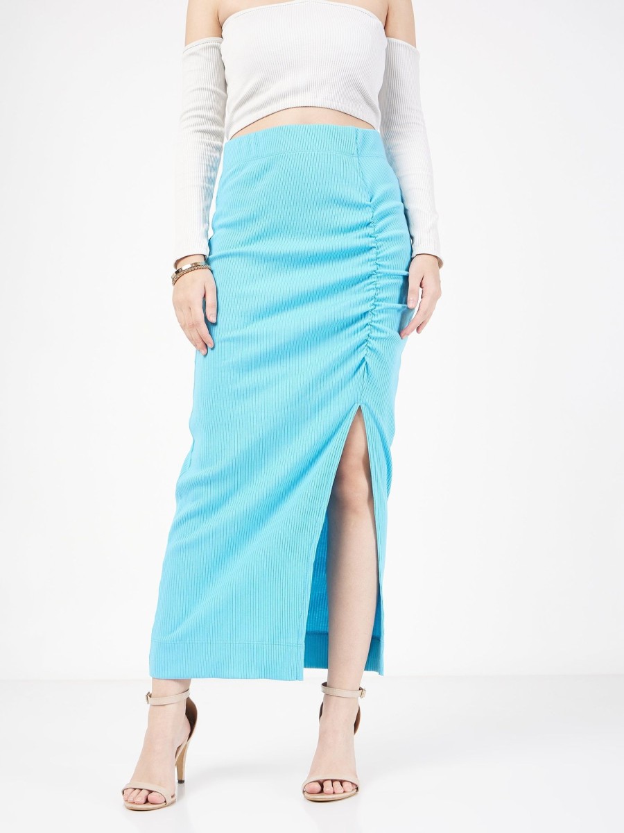 Women Lyush | Women'S Turquoise Rib Front Ruched Midi Skirt - Lyush