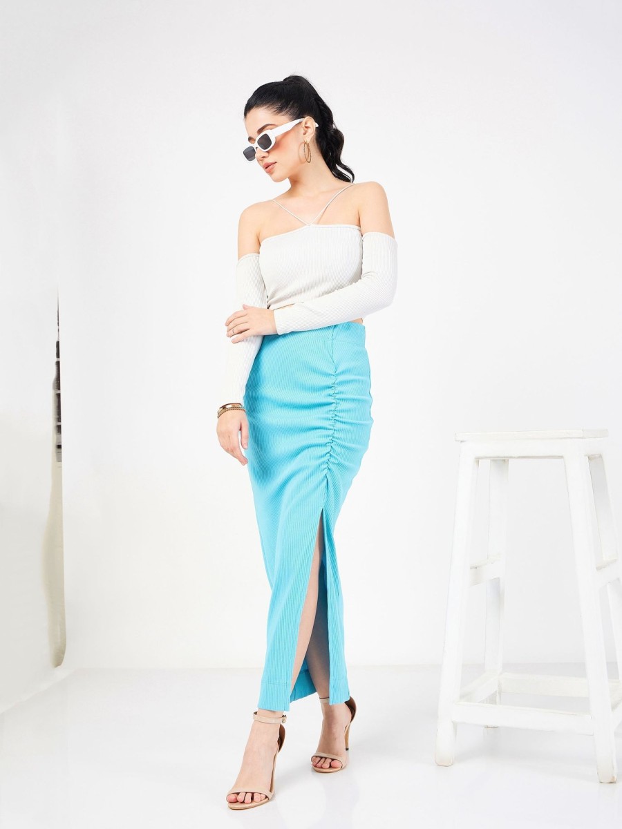 Women Lyush | Women'S Turquoise Rib Front Ruched Midi Skirt - Lyush