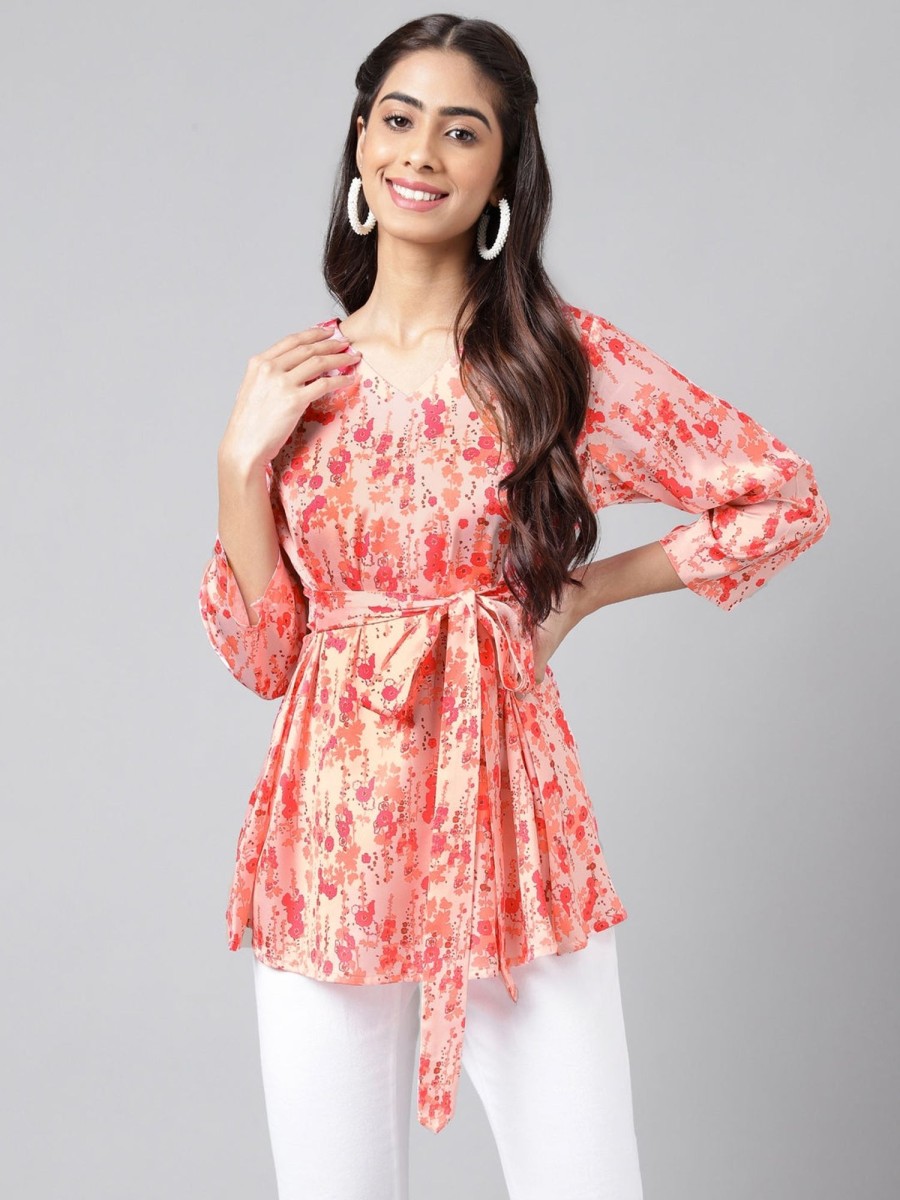 Women Janasya | Women'S Digital Floral Printed Satin Tops - Janasya Peach