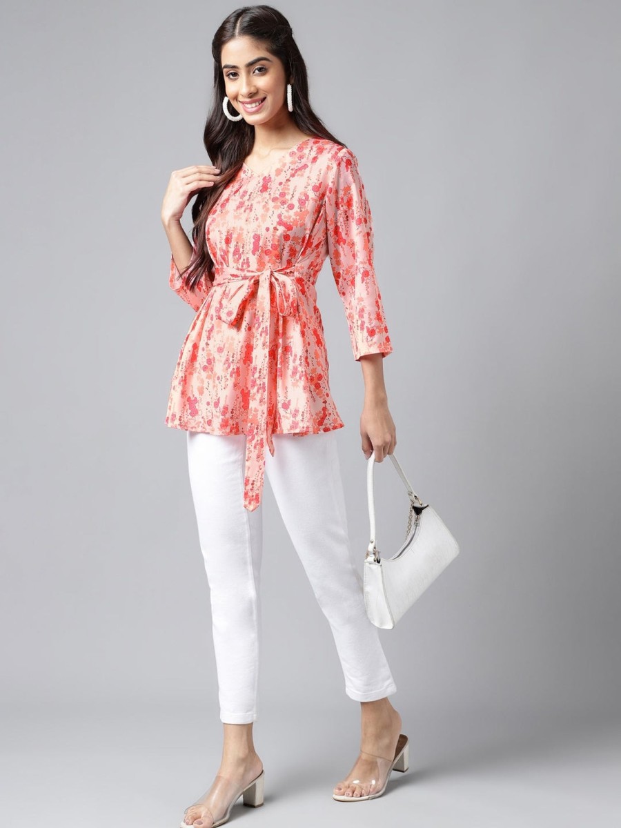 Women Janasya | Women'S Digital Floral Printed Satin Tops - Janasya Peach