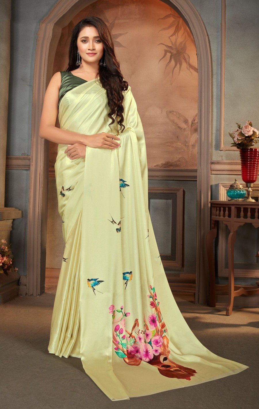 Women Monjolika | Women'S Monjolika Fashion Pastel Green Color Satin Digital Print Saree - Monjolika