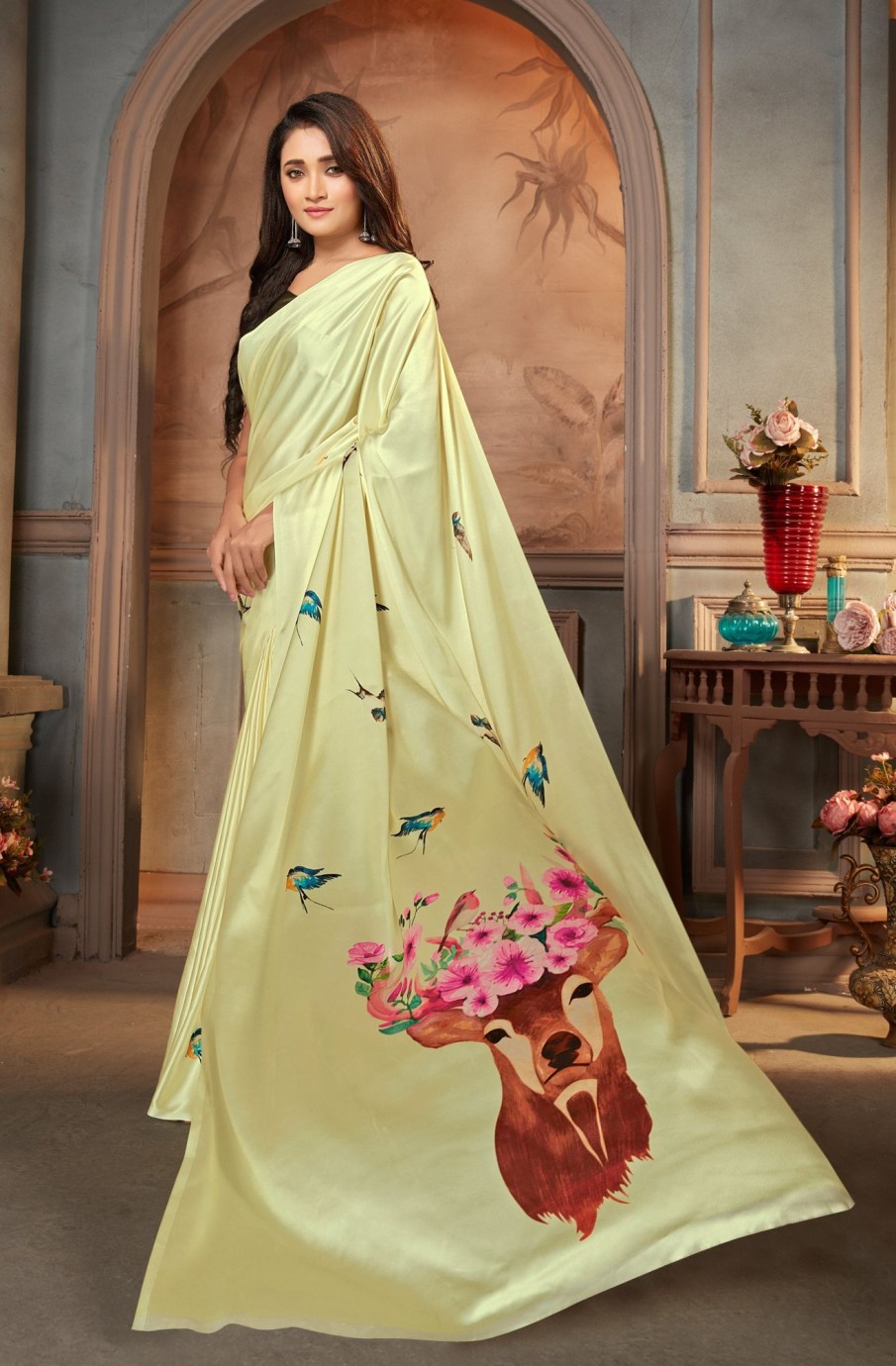 Women Monjolika | Women'S Monjolika Fashion Pastel Green Color Satin Digital Print Saree - Monjolika