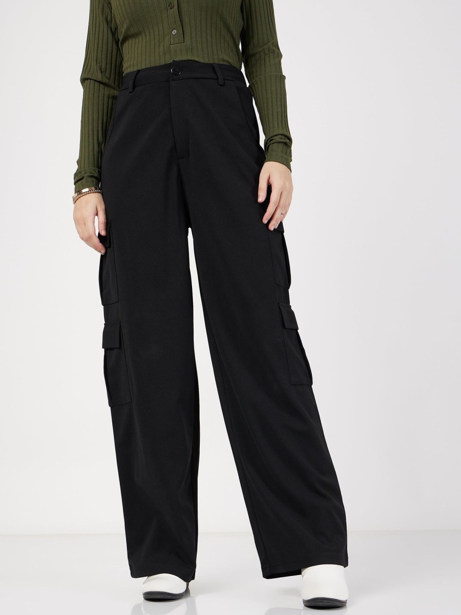 Women Lyush | Women'S Black Multi Pocket Detail Cargo Pants - Lyush